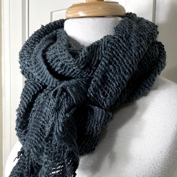 marquet Accessories - Marquet Free-Weave Handwoven Slate Teal Blue Open Texture Knit Scarf